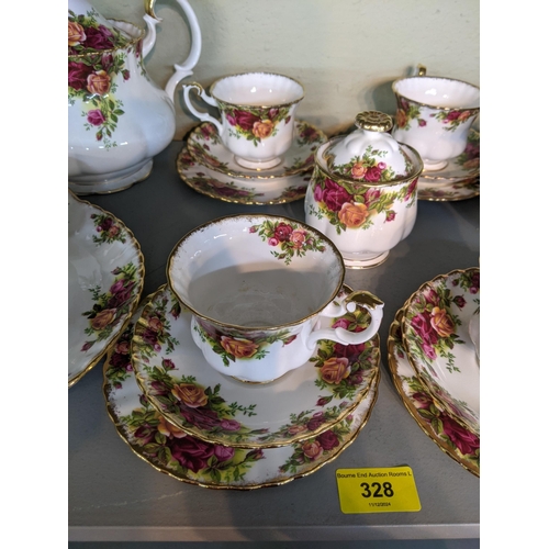 328 - Royal Albert Old Country Roses pattern to include' six side plates, saucers and cups a lidded pot, m... 