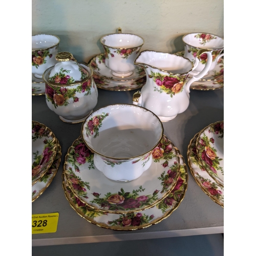 328 - Royal Albert Old Country Roses pattern to include' six side plates, saucers and cups a lidded pot, m... 