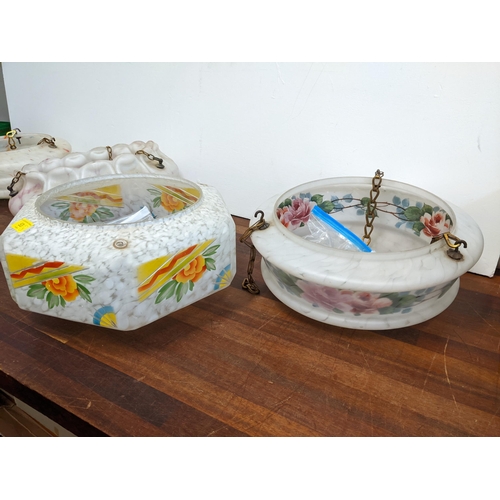 53 - Four 1930/40s glass plafonnier ceiling light shades with floral or speckled ornament
Location:G
If t... 