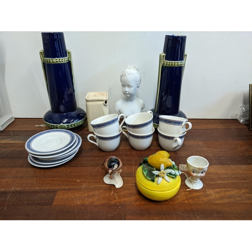 63 - Ceramics to include a Cunard White Star teapot, a pair of succession vases, a French Parian bust, Go... 