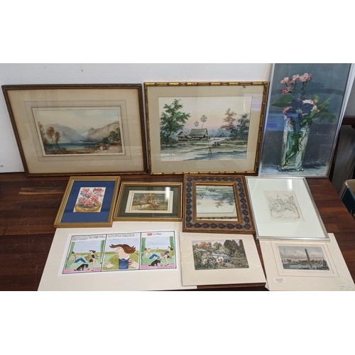 312 - A mixed lot of pictures to include a framed and glazed Asian scene signed P.K 81 and framed and glaz... 