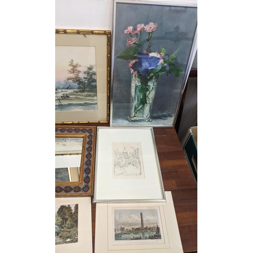 312 - A mixed lot of pictures to include a framed and glazed Asian scene signed P.K 81 and framed and glaz... 