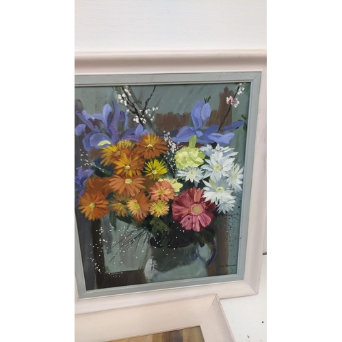 314 - Three still life paintings by Len Connor to include an acrylic of flowers in a vase, signed, a water... 