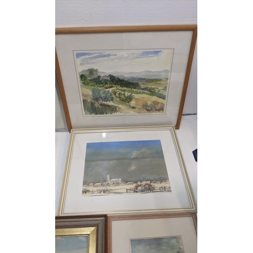 317 - A collection of framed pictures by Len Connor to include a watercolour of winter scene depicting coa... 