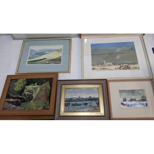 317 - A collection of framed pictures by Len Connor to include a watercolour of winter scene depicting coa... 