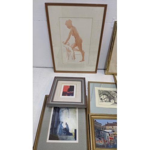 319 - A collection of framed pictures by Len Connor to include  an oil on bard titled ' Market day at Cast... 