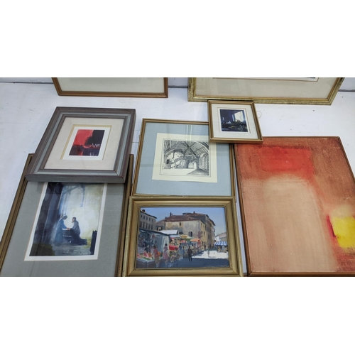 319 - A collection of framed pictures by Len Connor to include  an oil on bard titled ' Market day at Cast... 