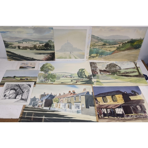 320 - A group of unframed, untitled pictures and paintings by Len Connor to include a street scene, rural ... 