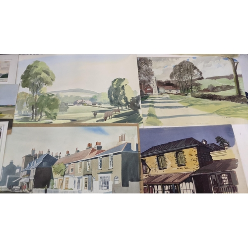 320 - A group of unframed, untitled pictures and paintings by Len Connor to include a street scene, rural ... 