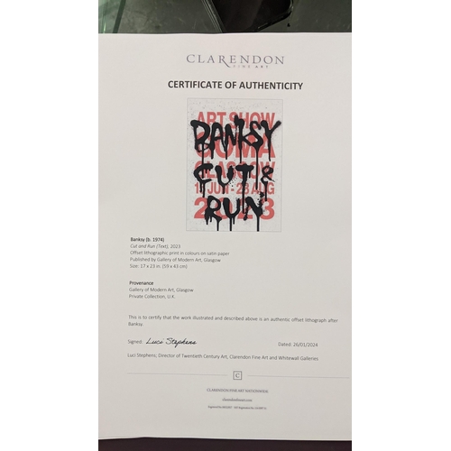 400 - A Banksy 'Cut & Run Glasgow' art exhibition poster, the frame 83cm x 65cm, together with certificate... 