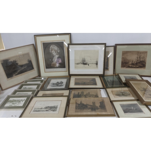 50 - !9th century and later etchings and engravings to include Harold Wylie etching depicting  ships out ... 