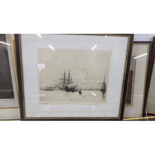 50 - !9th century and later etchings and engravings to include Harold Wylie etching depicting  ships out ... 