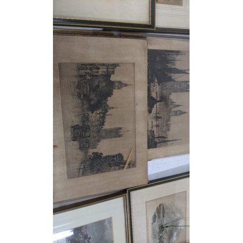 50 - !9th century and later etchings and engravings to include Harold Wylie etching depicting  ships out ... 