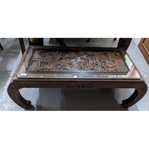 416 - Carved Chinese opium table with glass top circa 1930/40 36cm x 105cm x 46cm 
Location:G
If there is ... 