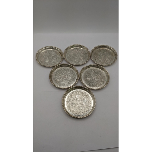 431 - A set of six white metal pin dishes with embossed and engraved design, total weight 258g Location:R1... 