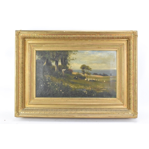 456 - Walter Stuart Lloyd (1875-1929) An oil on canvas depicting a landscape scene of a farmer, dog and do... 