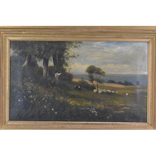 456 - Walter Stuart Lloyd (1875-1929) An oil on canvas depicting a landscape scene of a farmer, dog and do... 