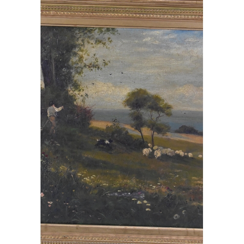 456 - Walter Stuart Lloyd (1875-1929) An oil on canvas depicting a landscape scene of a farmer, dog and do... 