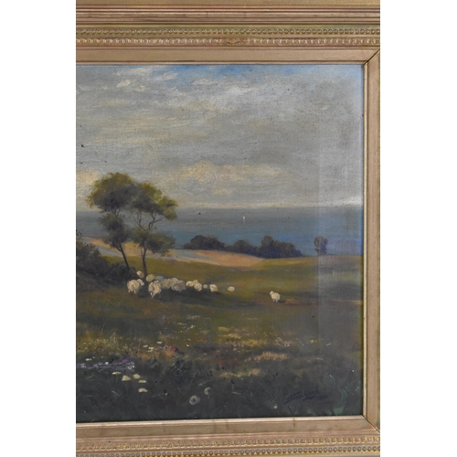 456 - Walter Stuart Lloyd (1875-1929) An oil on canvas depicting a landscape scene of a farmer, dog and do... 