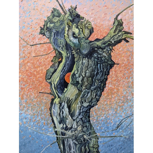 21 - Two paintings 'Burnt Out' oil on board depicting a burnt out tree and the other titled 'Caught' depi... 