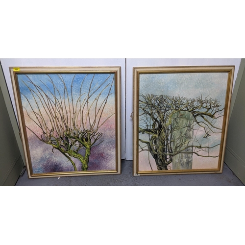 449 - Two paintings - 'New Shoots' 1968, oil on board depicting a close-up of new shoots on a tree, also '... 