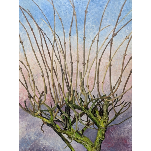 449 - Two paintings - 'New Shoots' 1968, oil on board depicting a close-up of new shoots on a tree, also '... 