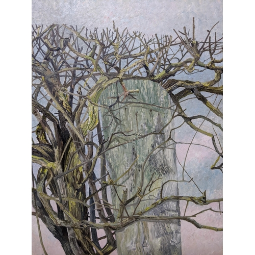 449 - Two paintings - 'New Shoots' 1968, oil on board depicting a close-up of new shoots on a tree, also '... 