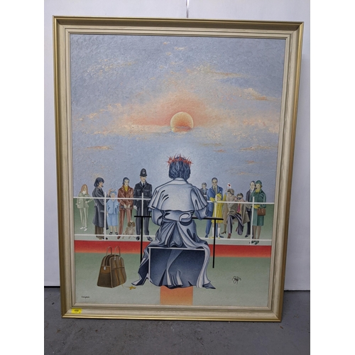 450 - 'Christ signing the Visitor's book' oil on canvas signed 'Lampson', framed, 110cm x 87cm Location: R... 