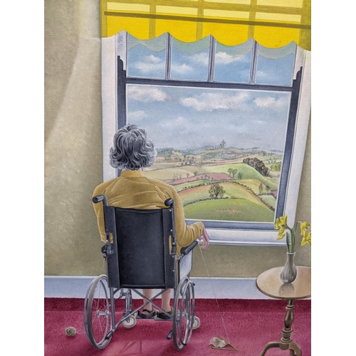 455 - Two paintings 'My Heart Is Out Of The Window' oil on canvas depicting an elderly disabled lady looki... 