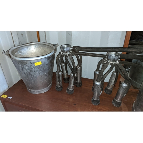 499 - Two vintage galvanized milk buckets together with two cow milking clusters and a can with strainer
L... 