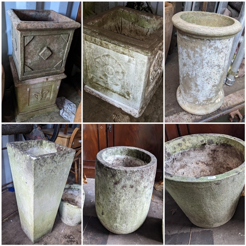 505 - A selection of garden planters to include a stoneware example of square form and cast with flower he... 