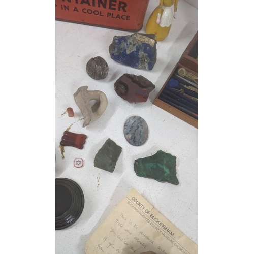 512 - A mixed lot to include W.H Harling London drawing instruments, mixed semi precious stones, trinkets,... 