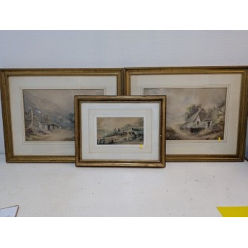 3 - J Douglas - a pair of country scenes with cottages, signed, 30cm x 46cm; and Leopold Rivers - coasta... 