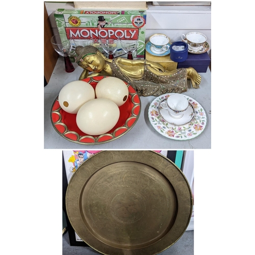 303 - A mixed lot to include ostrich eggs, gilt model of a Buddha boxed collectables including a Swarovski... 