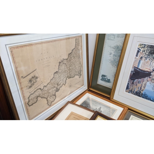 429 - A mixed lot of framed pictures to include a historic maps of Cornwall published 1805, two prints dep... 