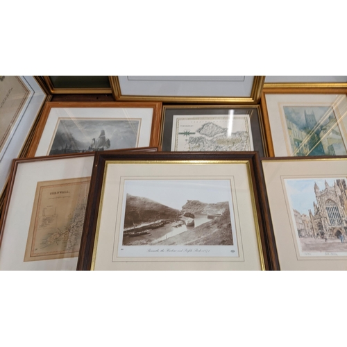 429 - A mixed lot of framed pictures to include a historic maps of Cornwall published 1805, two prints dep... 