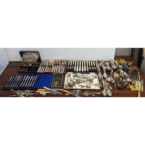 433 - A selection of silver plated cutlery, together with two boxed sets of silver handled knives, and thr... 