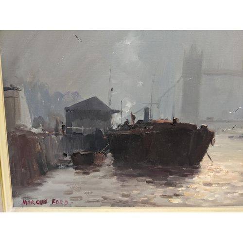 7 - Marcus Ford - a view down the Thames to Tower Bridge, oil on canvas, signed, 40cm x 61cm, framed Loc... 