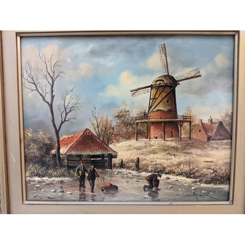 9 - Peter C Steenhower - a Dutch winter lake scene with a windmill and figures, oil on plywood, signed, ... 