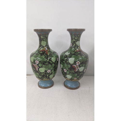 541 - A pair of Japanese cloisonne enamel vases decorated with butterflies and foliage, 17cm h Location:6-... 