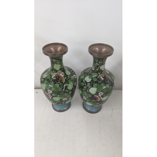 541 - A pair of Japanese cloisonne enamel vases decorated with butterflies and foliage, 17cm h Location:6-... 