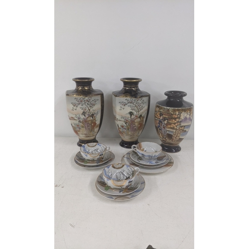 544 - A pair of 20th century Satsuma vases 30cm h A/F, together with one other vase along with a part Japa... 