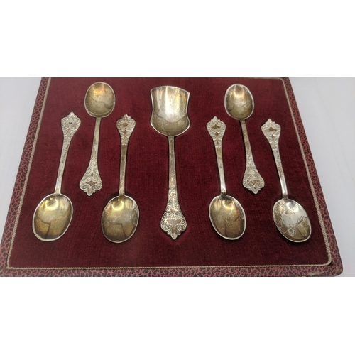 16 - Francis Howard set of six silver tea spoons and sugar scoop having floral bowls and terminals hallma... 