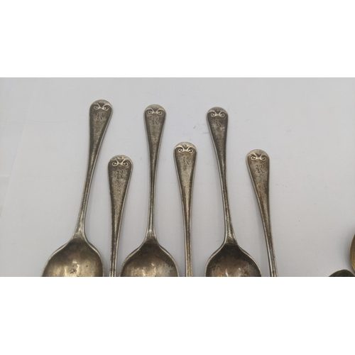 18 - Two sets of silver tea spoons both engraved with the letter 'K' to the terminals one set hallmarked ... 