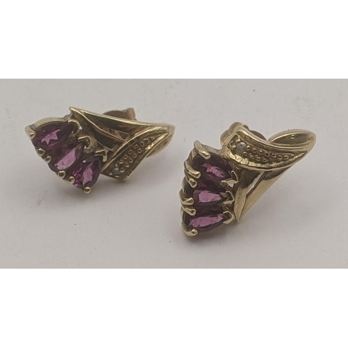 2 - A pair of 9ct yellow gold amethyst and diamond stud earrings, three pear cut amethyst in three claw ... 