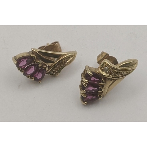 2 - A pair of 9ct yellow gold amethyst and diamond stud earrings, three pear cut amethyst in three claw ... 