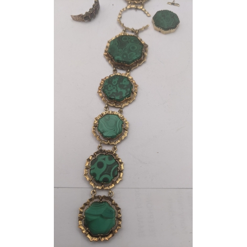 25 - A Victorian yellow metal and malachite bracelet A/F, 22.1g, tested as 14ct gold together with a part... 