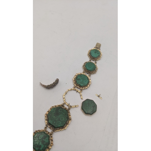 25 - A Victorian yellow metal and malachite bracelet A/F, 22.1g, tested as 14ct gold together with a part... 