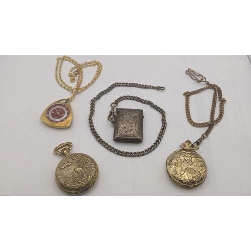 46 - A mixed lot to include a floral engraved vesta case on a silver chain with later dog clip clasp, 65.... 