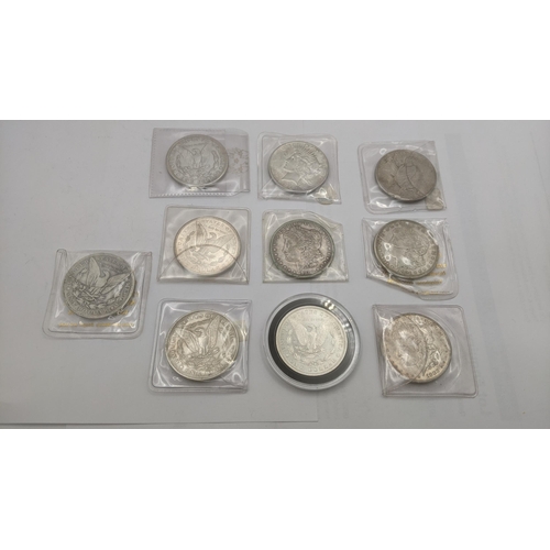 68 - A group of American silver coinage comprising 8 Morgan dollars, 1884, 1921, 1883 and others together... 